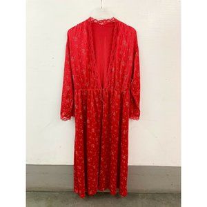 Vintage Lace Trim Red Floral Long Robe Tie Front